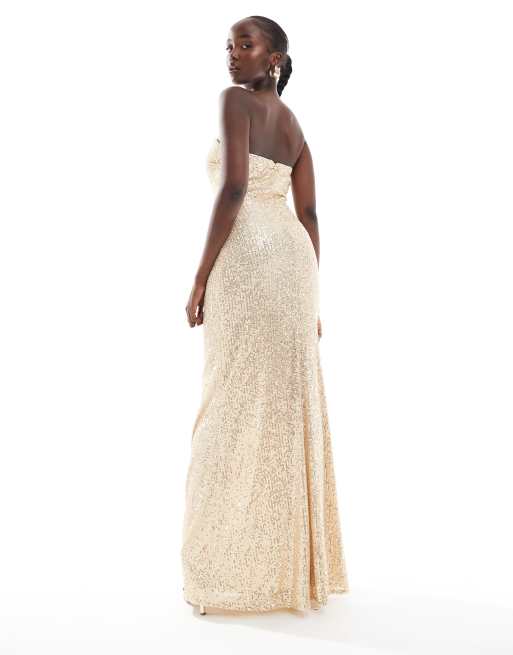 TFNC Tall - Vestito lungo color oro senza spalline con paillettes, 4 di 4