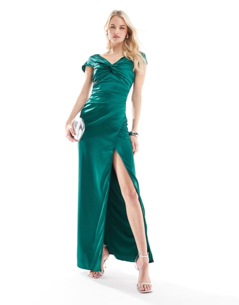 TFNC Tall - Vestito lungo in raso color verde smeraldo con spalle scoperte - view 1