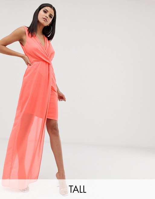 TFNC Tall wrap front dress with asymmetric hem in coral