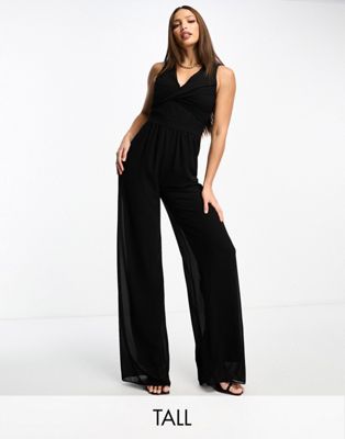 TFNC Tall wrap front jumpsuit in black