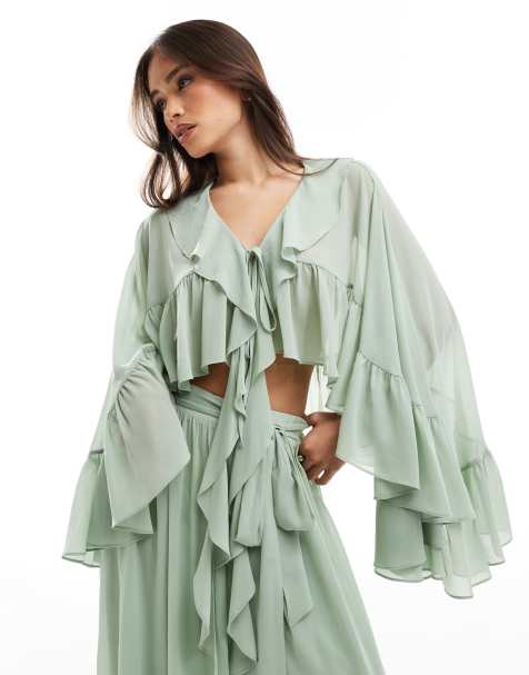 TFNC tie front cape top with ruffle detail in sage green co-ord - view 1