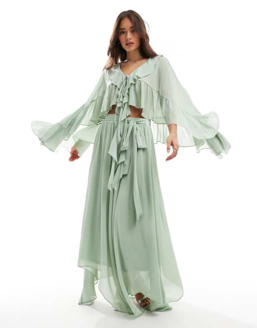 TFNC tie front cape top with ruffle detail in sage green co-ord, 2 of 4
