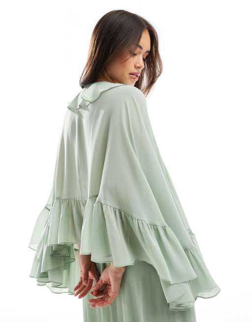 TFNC tie front cape top with ruffle detail in sage green (part of a set), 3 of 4