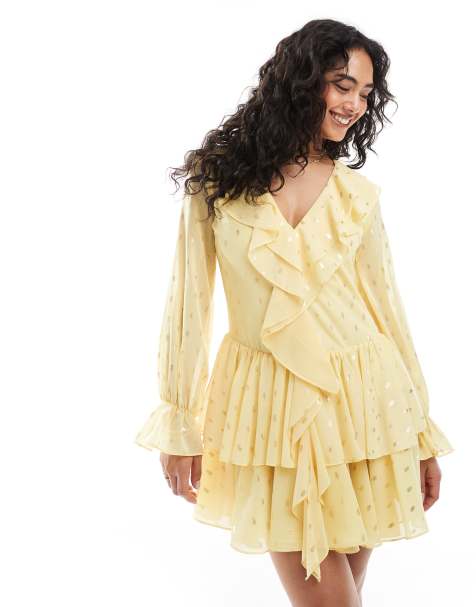 TFNC tiered mini dress with ruffle detail in pale yellow - view 1