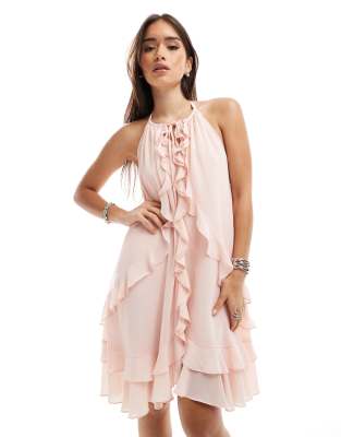 tiered mini dress with ruffle detail in soft pink