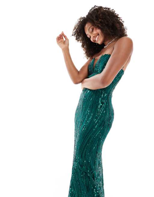 TFNC – Trägerloses Maxikleid mit Paillettenbesatz in Smaragdgrün, 2 von 4