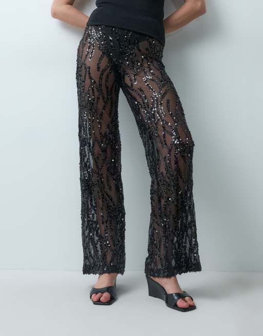 TFNC transparente Paillettenhose mit weitem Bein in Schwarz, 4 von 5