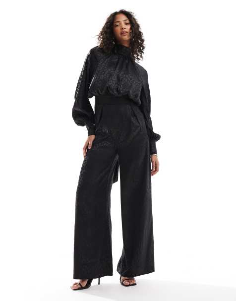 TFNC - Tuta jumpsuit accollata in raso nero a maniche lunghe - view 1