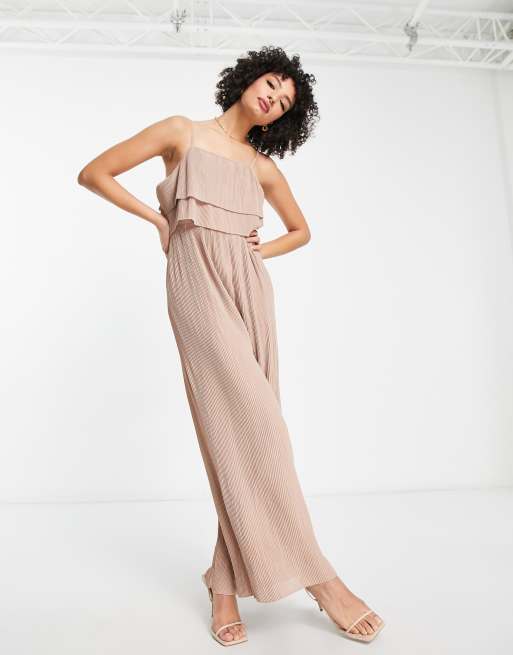 TFNC - Tuta jumpsuit con fondo ampio e strati sovrapposti color visone scuro