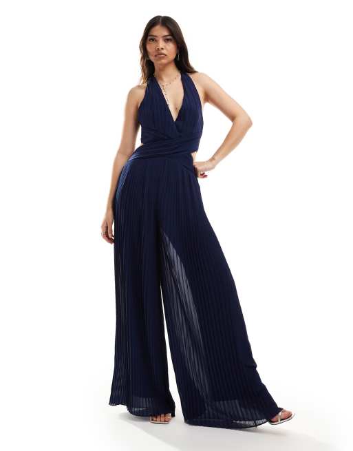 TFNC - Tuta jumpsuit da damigella allacciata al collo in chiffon a pieghe blu navy, 4 di 4
