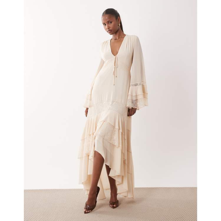 low cut maxi dress with sleeves Long Sleeve High Low Ruffle Maxi Dress Pink