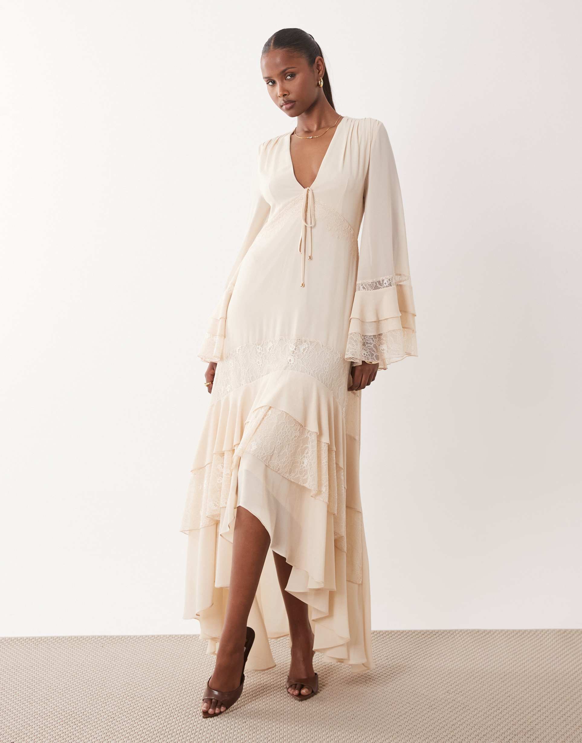 tfnc v neck long sleeve frilly chiffon maxi dress in cream