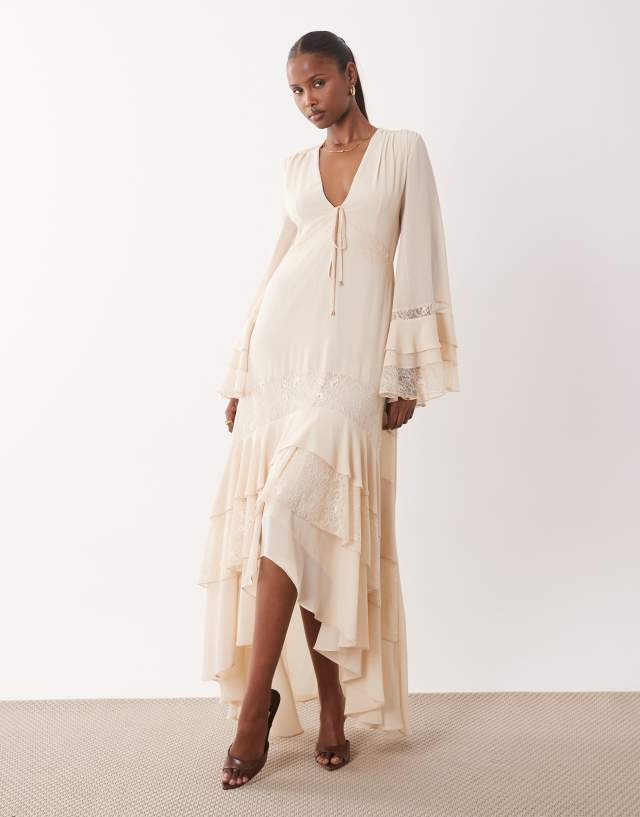 beige frill sleeve women summer maxi dress TFNC v neck long frilly chiffon in cream KissProm Pink Straps Sequin swatch:deep-sea You would certainly love Size:US Size 4
