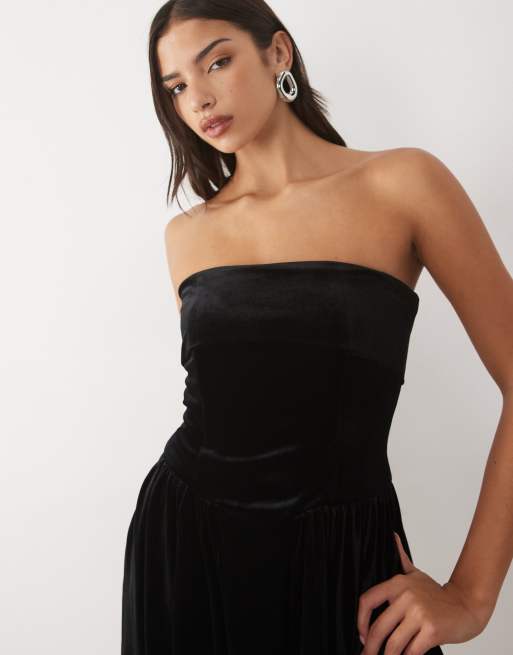 TFNC velvet bandeau corset detail mini dress in black, 3 of 4