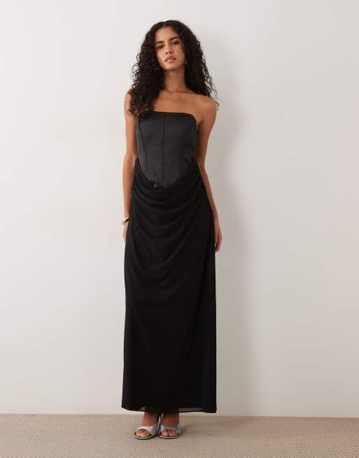 TFNC velvet corset bandeau chiffon maxi dress in black, 4 of 4