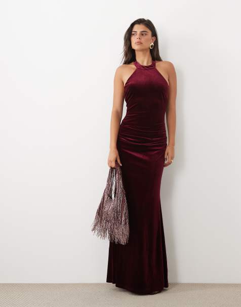 TFNC velvet high neck racer maxi dress in burgundy - view 1