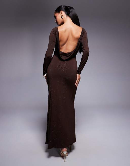 TFNC – Verziertes Maxikleid in Schokobraun mit Wasserfallausschnitt hinten, 2 von 4