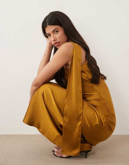 TFNC - Vestido largo color bronce asimétrico con fular de satén, 3 de 4