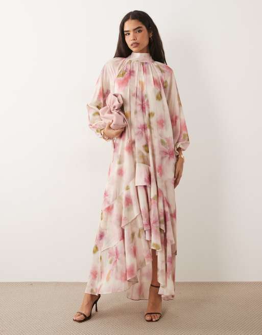 TFNC - Vestido largo con estampado floral y bajo escalonado de chifón, 4 de 4
