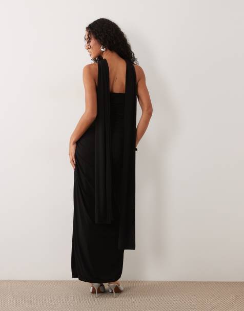 TFNC - vestido maxi bandeau drapeado con bufanda en negro - view 1