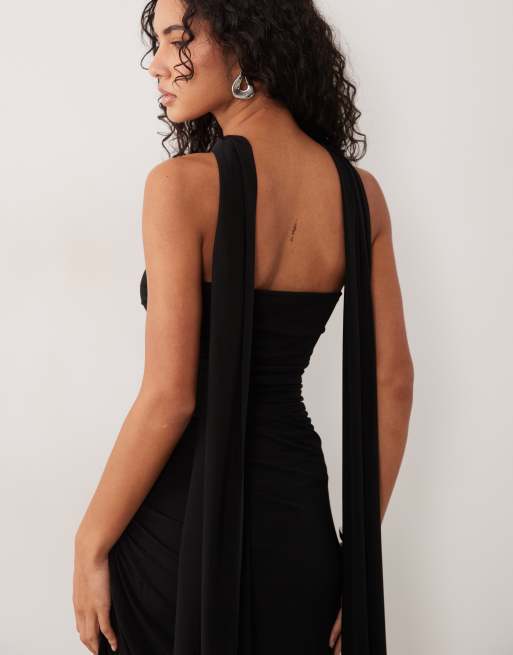 TFNC - vestido maxi bandeau drapeado con bufanda en negro, 3 de 4