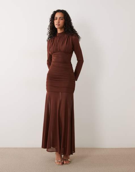 TFNC - vestido maxi de gasa fruncida y fluida en chocolate - view 1