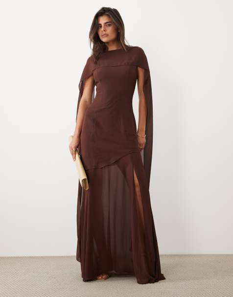 TFNC - Vestido maxi de gasa semitransparente con detalle de pañuelo y falda semitransparente en chocolate - view 1