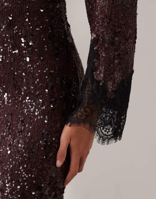TFNC - vestido maxi de lentejuelas con cuello asimétrico en chocolate, 4 de 4