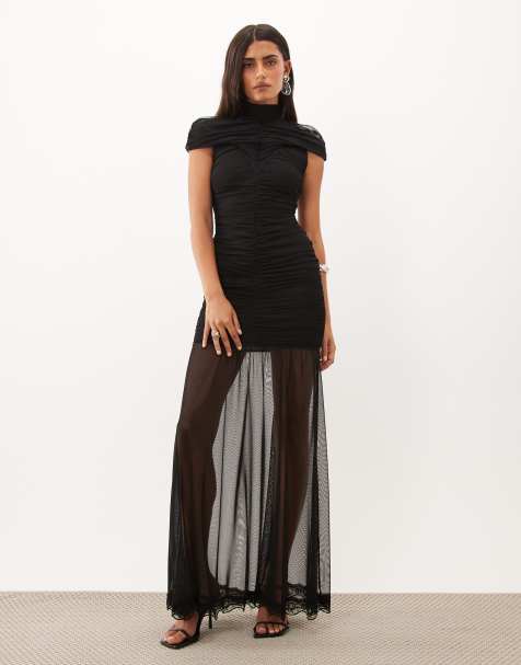 TFNC - vestido maxi de malla con cuello alto y detalle fruncido en negro - view 1