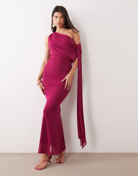TFNC - Vestido maxi de malla drapeada con un hombro y detalle de lazada en berry - view 1