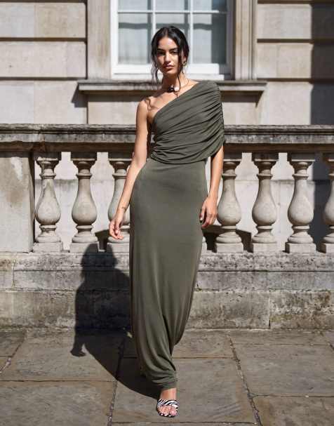 TFNC - vestido maxi drapeado de un hombro en oliva - view 1