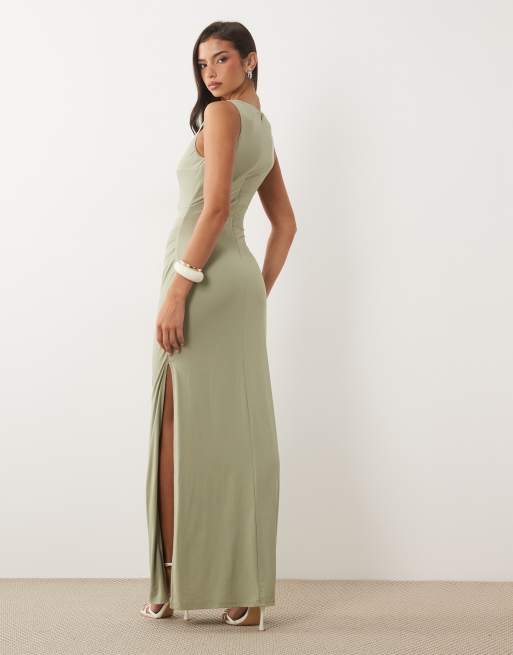TFNC - Vestido maxi fluido con cuello desbocado en verde salvia, 3 de 4
