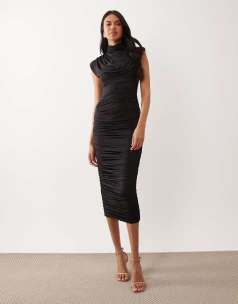 TFNC - Vestido midi negro con hombreras y cuello alto - view 1