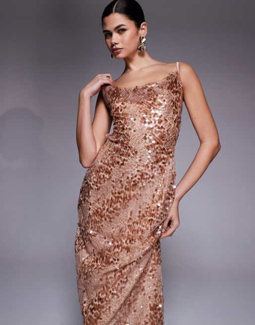 TFNC - Vestito al polpaccio con paillettes oro rosa e fondo smerlato, 3 di 4