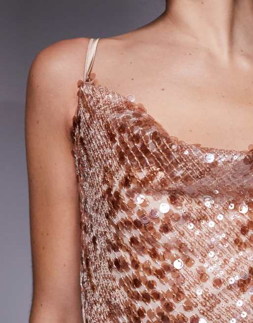 TFNC - Vestito al polpaccio con paillettes oro rosa e fondo smerlato, 4 di 4