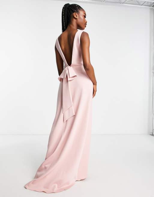 TFNC - Vestito da damigella lungo cipria tenue con fiocco sul retro