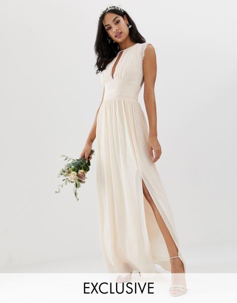 TFNC - Vestito da damigella lungo con pizzo rosa perla