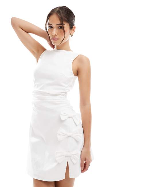 TFNC - Vestito da sposa corto svasato bianco con scollo a barchetta e fiocco sul lato, 2 di 4
