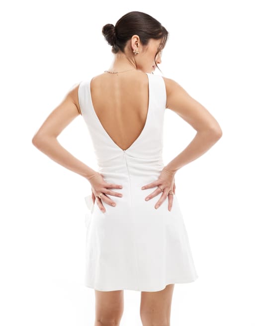 TFNC - Vestito da sposa corto svasato bianco con scollo a barchetta e fiocco sul lato, 4 di 4