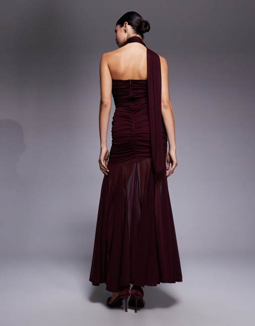TFNC - Vestito lungo a fascia con gonna a ruota trasparente viola intenso con dettaglio a sciarpa, 2 di 4