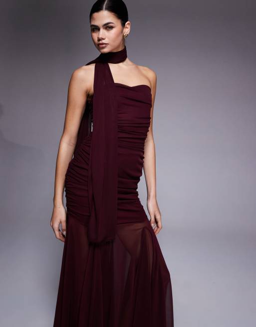 TFNC - Vestito lungo a fascia con gonna a ruota trasparente viola intenso con dettaglio a sciarpa, 3 di 4
