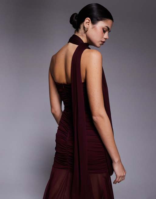 TFNC - Vestito lungo a fascia con gonna a ruota trasparente viola intenso con dettaglio a sciarpa, 4 di 4