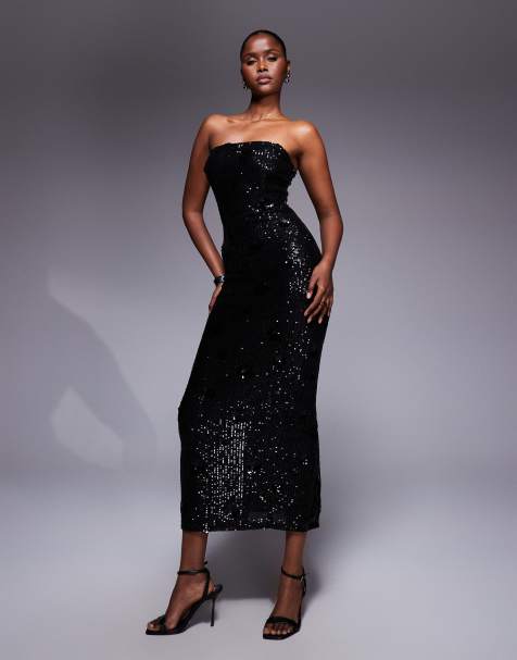 TFNC - Vestito lungo a fascia in paillettes nero - view 1