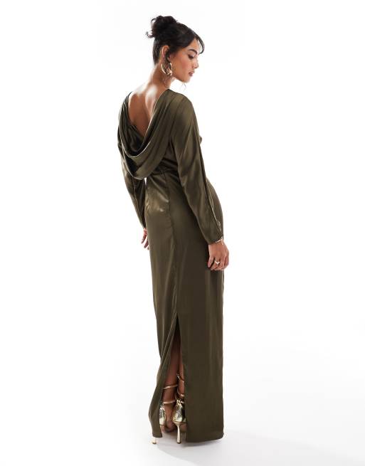 TFNC - Vestito lungo a maniche lunghe in raso verde oliva con scollo ad anello sul retro