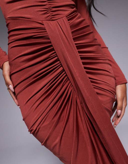 TFNC - Vestito lungo a maniche lunghe ruggine intenso arricciato con spacco, 2 di 4