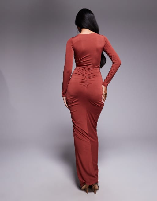 TFNC - Vestito lungo a maniche lunghe ruggine intenso arricciato con spacco, 4 di 4