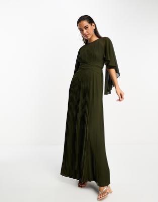 TFNC - Vestito lungo a pieghe color oliva con dettaglio a mantella