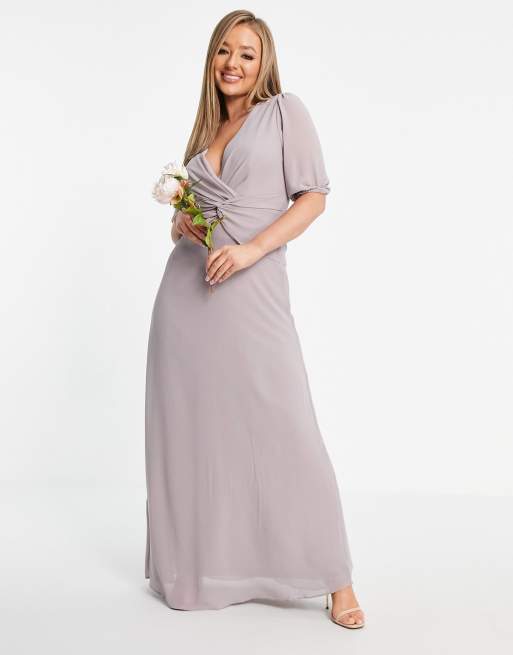 TFNC - Vestito lungo a portafoglio da damigella, colore grigio chiaro