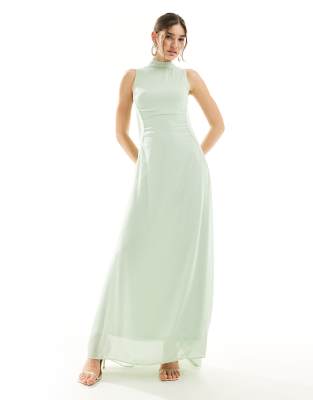 TFNC - Vestito lungo accollato da damigella in chiffon verde menta fresca con dettaglio raccolto e gonna dritta 