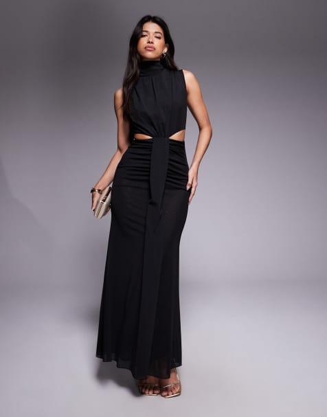 TFNC - Vestito lungo accollato nero con cut-out - view 1